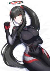 1girl black_hair blue_archive blunt_bangs blush bodysuit halo highres long_hair lying neko_reina on_back parted_lips ponytail red_eyes ringed_eyes rio_(blue_archive) rio_(bodysuit)_(blue_archive) solo very_long_hair