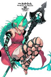 1girl artist_name ass ass_peek bags_under_eyes bare_legs bare_shoulders barefoot bell black_gloves black_rope braid breasts collarbone commentary_request commission demon_girl demon_horns detached_sleeves dress english_text engrish_text feet floating glaring gloves green_gloves green_hair green_nails green_rope hair_bell hair_ornament highres holding holding_polearm holding_weapon horns jade_(boltclash) jade_pendant jewelry long_braid long_hair long_horns long_toes looking_at_viewer magatama magatama_necklace medium_breasts nail_polish necklace oni_girl original pointy_ears polearm purple_eyes ranguage red_dress rope rope_belt rope_legwear sideboob single_braid skeb_commission skirt solo spear thank_you toenail_polish toenails toes translation_request very_long_hair weapon white_background white_skirt wiggling_toes ztoriataming