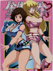 Rule 34 | 1d1htr, 2girls, bare shoulders, blonde hair, blue eyes, breasts, brown eyes, brown hair, cleavage, cosplay, crop top, crossover, dirty pair, emilie de rochefort, gloves, kazama asuka, kei (dirty pair), kei (dirty pair) (cosplay), large breasts, long hair, multiple girls, short hair, shorts, single glove, sleeveless, tekken, yuri (dirty pair), yuri (dirty pair) (cosplay)