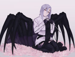 1girl arachne arthropod_girl belt black_thighhighs breasts commentary dress extra_eyes full_body grey_background grey_hair hair_between_eyes head_tilt insect_girl knitting knitting_needle large_breasts long_sleeves looking_at_viewer medium_hair monster_girl monster_musume_no_iru_nichijou needle rachnera_arachnera red_eyes simple_background sitting sleeves_past_wrists solo spider_girl sweater sweater_dress taur thighhighs turtleneck turtleneck_sweater white_background white_sweater yarn yarn_ball zakirsiz