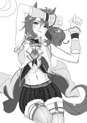 Rule 34 | 1girl, absurdres, animal ears, arm up, armpits, belt, commentary request, cropped jacket, elbow sleeve, fur-trimmed shorts, fur trim, garter straps, gohei, greyscale, highres, horse ears, horse girl, horse tail, long hair, mejiro palmer (umamusume), mejiro palmer (warm-hearted reindeer) (umamusume), midriff, monochrome, navel, official alternate costume, on ground, oonusa, plaid clothes, plaid shorts, senchan 7, shorts, simple background, sleeveless, sleeveless jacket, solo, tail, thigh strap, thighhighs, umamusume, unworn headwear, white background