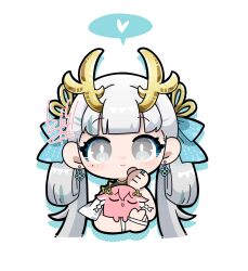 1girl animalization bright_pupils changli_(wuthering_waves) closed_mouth commentary dog-san earrings eastern_dragon_horns heart highres holding horns jewelry jinhsi_(wuthering_waves) looking_at_viewer low_twintails mole mole_on_cheek revision simple_background smile solo spoken_heart symbol-only_commentary twintails two_side_up white_background white_eyes white_hair white_pupils wuthering_waves yellow_horns