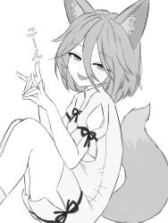 1girl animal_ear_fluff animal_ears blush commentary fang feet_out_of_frame fox_ears fox_girl fox_shadow_puppet fox_tail greyscale hair_between_eyes highres kudamaki_tsukasa looking_at_viewer monochrome ribbon romper short_hair short_sleeves sitting snackdang solo sound_effects tail teeth tongue touhou upper_teeth_only