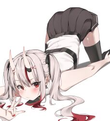 1girl absurdres arms_at_sides bare_arms belt black_belt black_necktie blush bow chest_belt demon_horns earrings hair_bow hair_ornament highres hips_in_air hololive horns jewelry long_hair looking_at_viewer multicolored_hair nail_polish nakiri_ayame nakiri_ayame_(streetwear) necktie o3o on_ground red_eyes red_hair red_nails scarlet_(wv0102) shiny_skin shirt simple_background skirt sleeveless sleeveless_shirt thighhighs thighs triangle_earrings twintails v virtual_youtuber white_background white_hair white_shirt