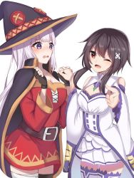 Rule 34 | 2girls, bandaged leg, bandages, bare shoulders, belt, black gloves, black hair, blue eyes, blue hair, blush, breasts, cape, cleavage, collarbone, commentary request, cosplay, costume switch, dress, emilia (re:zero), emilia (re:zero) (cosplay), fingerless gloves, gloves, hair between eyes, hair ornament, hat, highres, isekai quartet, kimura mitsuki, kono subarashii sekai ni shukufuku wo!, large breasts, long hair, looking at viewer, medium breasts, megumin, megumin (cosplay), multiple girls, open mouth, pointing, pointing at viewer, re:zero kara hajimeru isekai seikatsu, red dress, short hair, simple background, single thighhigh, smile, solo, takahashi rie, thighhighs, voice actor connection, white background, white dress, witch hat, x hair ornament