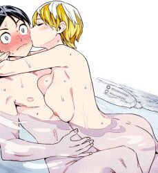 1boy 1girl areola_slip ass black_hair blonde_hair blush breast_press breasts closed_eyes colorized discord_logo discord_username embarrassed grey_eyes hetero izumo_tenka kiss kissing_cheek large_breasts mato_seihei_no_slave nipples nude short_hair twitter_logo twitter_username wakura_yuuki water wet zekitamargo