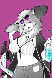 1girl :d animal_ear_fluff animal_ears arknights bikini breasts chinese_commentary cleavage commentary_request cowboy_shot drink drinking_straw eyewear_on_head fang groin hat highres holding holding_drink large_breasts looking_at_viewer medium_hair navel official_alternate_costume open_mouth partial_commentary partially_colored piaoliu_ping_ping_ping_pingzi pink-tinted_eyewear pink_background pink_eyes round_eyewear shorts simple_background skin_fang smile solo standing straw_hat sun_hat swimsuit tail tinted_eyewear utage_(arknights) utage_(summer_flowers)_(arknights)