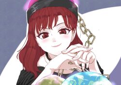 1girl black_choker black_shirt chain choker collarbone earth_(ornament) earth_(planet) hecatia_lapislazuli highres looking_down majime_na_gakuinsei medium_hair moon planet red_eyes red_hair shirt smile solo touhou underworld_(ornament)