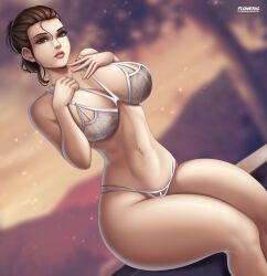 1girl breasts brown_eyes brown_hair curvy female_focus flowerxl huge_breasts lingerie pale_skin pink_mouth rey sitting solo star_wars the_force_awakens thick_thighs thighs toned toned_female underwear wide_hips