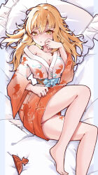 1girl animal_print bare_legs barefoot bed_sheet blonde_hair breasts cleavage collarbone dakimakura_(medium) fish_print flower_tattoo from_above genshin_impact gradient_clothes gradient_kimono hair_down highres japanese_clothes kimono leg_tattoo long_hair long_sleeves lying medium_breasts messy_hair on_back orange_kimono pillow print_kimono short_kimono solo tattoo tsukine122 twisted_torso very_long_hair white_kimono wide_sleeves yellow_eyes yoimiya_(genshin_impact)