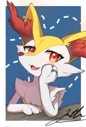 1girl :3 animal_ear_fluff animal_ears animal_hands animal_nose artist_name blue_background blush body_fur border braixen fang female_focus flat_chest fox_ears fox_girl furry furry_female gen_6_pokemon hand_on_own_cheek hand_on_own_face hand_up happy head_rest highres jewelry joe.ma looking_at_viewer neck_fur nintendo open_mouth outside_border pokemon pokemon_(creature) red_eyes ring signature skin_fang smile snout solo two-tone_fur upper_body wedding_band white_border white_fur yellow_fur