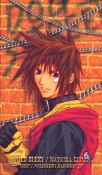 1boy animal_collar artist_name bad_id bandage_on_face bandages black_collar blue_eyes brick_wall brown_hair chain clenched_hand collar commentary_request from_side gloves graffiti grin hand_up izumi_natsuka jacket looking_to_the_side male_focus multicolored_gloves multicolored_jacket short_hair sion_barzahd smile solo spiked_hair the_bouncer upper_body