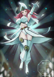 1girl arm_up armpits artist_name bandeau bare_shoulders boots breasts capelet collar commentary_request duel_monster elbow_gloves floating full_body gloves green_eyes hat high_priestess_of_prophecy highres large_breasts long_hair looking_at_viewer navel overskirt parted_lips pink_hair sidelocks smile solo stomach thigh_boots watermark white_bandeau white_boots white_capelet white_gloves white_hat wizard_hat yamamori_kinako yu-gi-oh!
