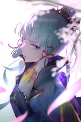 1girl absurdres armor ayaka_(genshin_impact) blue_eyes blue_hair blue_hakama blunt_bangs breastplate genshin_impact hair_ribbon hakama highres hikari_(hikaripauwa) japanese_clothes light_blue_hair long_hair looking_at_viewer parted_lips red_ribbon ribbon solo tress_ribbon upper_body
