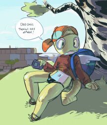 1boy apis backpack backwards_hat bag blonde_hair bulge dunsparce furry gen_2_pokemon hat highres male_focus monster_boy nintendo pokemon pokemon_(creature) shota slippers solo sweat tail thong tree wings