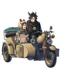 2girls air_shakur_(umamusume) animal_ears animal_ears_helmet animal_helmet badge biker_clothes bow brown_hair crest ear_chain ear_ornament eye_contact eyebrow_piercing face_piercing fine_motion_(umamusume) full_body helmet highres holding holding_map holding_notepad horse_ears horse_girl irish_flag_print jacket jerry_can leather leather_jacket letterman_jacket light_smile linked_piercing looking_at_another looking_down looking_up map mask mask_around_neck moped motor_vehicle motorcycle motorcycle_helmet mouth_mask multicolored_hair multiple_girls notepad open_mouth patch piercing road_trip shirt sidecar simple_background sitting smile spare_tire spikes streaked_hair suitcase takahashi_(user_ctpu5572) talking umamusume unused_tire white_background white_shirt
