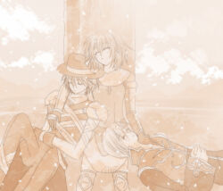 1girl 2000s_(style) 2boys armor assassin_(ragnarok_online) bandages bandages_over_clothes brown_theme closed_eyes closed_mouth cloud coat commentary_request cross dated_commentary day expressionless fedora feet_out_of_frame hat knight_(ragnarok_online) lap_pillow long_sleeves monochrome multiple_boys open_mouth outdoors pants pauldrons priest_(ragnarok_online) ragnarok_online sharari shirt short_hair shoulder_armor sleeping sleeveless sleeveless_shirt tree under_tree