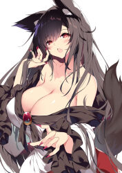 1girl animal_ears bare_shoulders black_hair breasts cleavage commentary_request fingernails highres imaizumi_kagerou large_breasts long_hair nail_polish open_mouth red_eyes red_nails sakurame simple_background solo tail touhou white_background wolf_ears wolf_girl wolf_tail