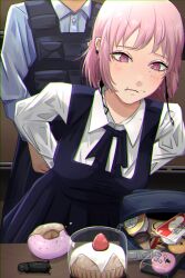 1boy 1girl absurdres aguxxxuu arrest backpack bag black_dress black_vest blue_shirt chainsaw_man closed_mouth collared_shirt donut dress earrings eating fami_(chainsaw_man) food food_on_face fruit guillotine_devil_(chainsaw_man) highres icing jewelry long_sleeves mole mole_under_eye multiple_moles pinafore_dress pink_eyes pink_hair police police_uniform policeman ringed_eyes shirt sleeveless sleeveless_dress strawberry vest virtual_youtuber white_shirt