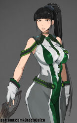 1girl absurdres artist_name black_hair blood_edge_(stellar_blade) breasts brown_eyes choker dr_octojuice eve_(stellar_blade) female_focus gloves grey_background highres holding holding_sword holding_weapon large_breasts lips long_hair looking_at_viewer patreon_username planet_diving_suit_(7th)_(stellar_blade) ponytail simple_background standing stellar_blade sword weapon