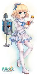 1girl alcohol blonde_hair blue_eyes blush boots bottle character_name cup dress drinking_glass female_focus gift hands_up hat heart highres holding holding_cup holding_drinking_glass image_sample in_container in_refrigerator leg_up long_sleeves omaha_(warship_girls_r) open_mouth pleated_skirt refrigerator sailor_collar sash short_dress short_hair simple_background skirt smile solo thigh_boots thighhighs twitter_sample warship_girls_r whiskey white_dress white_hat white_thighhighs wine_bottle wine_glass yamimunemitsu