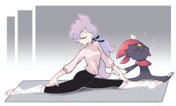 1girl anabel_(pokemon) claws closed_eyes fang forehead_jewel gen_4_pokemon hair_over_one_eye nintendo pants pokemon pokemon_(creature) pokemon_sm ponytail purple_hair smile sweater toeless_legwear vergolophus weavile yoga yoga_pants