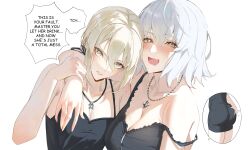 Rule 34 | 2girls, absurdres, arm around shoulder, artoria pendragon (fate), black dress, black ribbon, blonde hair, blush, breasts, cleavage, collarbone, dress, drunk, fate/grand order, fate (series), grabbing another&#039;s ass, grey hair, groping, highres, jeanne d&#039;arc alter (avenger) (fate), jeanne d&#039;arc alter (fate), jeanne d&#039;arc alter (ver. shinjuku 1999) (fate), jewelry, large breasts, multiple girls, necklace, rasipan, ribbon, saber alter, saber alter (ver. shinjuku 1999), short hair, strap slip, upper body, yellow eyes