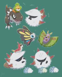 +++ absurdres animal_focus beautifly blue_eyes bug butterfly claws closed_eyes commentary_request dustox fangs gen_3_pokemon gen_5_pokemon gen_6_pokemon gen_8_pokemon green_background highres insect larvesta nintendo no_humans open_mouth pokemon pokemon_(creature) sewaddle simple_background snom solid_oval_eyes tyrunt wurmple yellow_eyes yu_(pocketsun636)