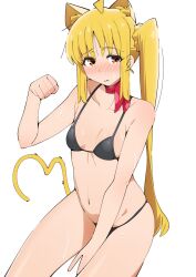 1girl ahoge animal_ears arm_up between_legs bikini black_bikini blonde_hair blush bocchi_the_rock! breasts cat_ears cat_tail commentary commentary_request embarrassed hand_between_legs highres ijichi_nijika long_hair looking_at_viewer navel red_eyes sakura_1110ssmm scarf sidelocks simple_background sitting small_breasts solo stomach sweat swimsuit tail twintails white_background