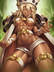 1girl abs belt belt_bra blonde_hair breasts cape claw_pose colored_eyelashes cowboy_shot dark-skinned_female dark_skin eyelashes female_focus fighting_stance grin guilty_gear guilty_gear_xrd hair_between_eyes hat highres long_hair looking_at_viewer medium_breasts micro_shorts orange_eyes partially_visible_vulva ramlethal_valentine sharp_teeth short_shorts shorts smile solo speh sweat teeth thigh_strap toned underboob upshorts