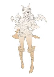 1girl animal_ear_fluff animal_ears armor axe belt blunt_bangs boots bottle capelet fur-trimmed_boots fur_trim gloves hair_ribbon high_heel_boots high_heels highres holding holding_bottle long_hair looking_at_viewer mini_wings molotov_cocktail navel open_mouth pauldrons ragnarok_online ribbon rio sharp_teeth shoulder_armor simple_background solo teeth torn torn_wings weapon white_background wings
