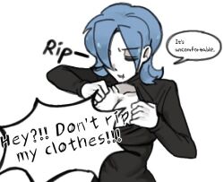 ayaanalien02 blue_hair cosplay costume_switch looking_down parasoul_(skullgirls) parasoul_(skullgirls)_(cosplay) ripping_clothes scar scar_on_face shirt skullgirls speech_bubble sweater tearing_clothes torn_clothes torn_shirt turtleneck turtleneck_sweater valentine_(skullgirls)