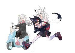 ahoge animal_ear_fluff animal_ears black_hair braid carrying carrying_person chawanman fox_ears fox_girl fox_tail hair_between_eyes hair_ornament highres hololive horns long_hair motor_vehicle motorcycle multicolored_hair multiple_girls nakiri_ayame ookami_mio ookami_mio_(1st_costume) open_mouth piggyback red_eyes red_hair running scooter shirakami_fubuki shoes simple_background skin-covered_horns sneakers streaked_hair tail thighhighs vespa virtual_youtuber white_background white_hair wolf_ears wolf_girl wolf_tail