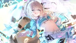 Rule 34 | 1girl, aqua eyes, aqua shirt, asymmetrical sleeves, belt, black bow, blonde hair, bow, chest harness, collared shirt, commentary request, company name, copyright notice, cropped shirt, crossed bangs, fal maro, hair bow, harness, headset, highres, hololive, hololive idol uniform (color rise), idol clothes, kazama iroha, layered skirt, leaf, long hair, long sleeves, mascot, midriff, mismatched sleeves, navel, official alternate costume, official art, open hand, open mouth, pleated skirt, pokobee, ponytail, screen, shadow, shirt, skirt, smile, stage, stomach, tanuki, two-tone shirt, virtual youtuber, white belt, white skirt, wristband