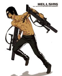 1boy abs beanie black_hair bracelet dark_skin dual_wielding earrings gun hat hellsing holding jan_valentine jewelry male_focus navel necklace open_mouth pants piercing shoes solo suppressor tattoo topless_male vampire weapon