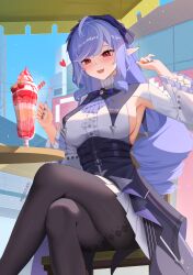 Rule 34 | 1girl, armpits, artist name, ascot, black nails, black pantyhose, blue sky, blush, bow, bowtie, breasts, center frills, commentary, crossed legs, day, dress, drill hair, english commentary, food, frills, gem, highres, ice cream, large breasts, long hair, massoukei, mole, mole under eye, open mouth, outdoors, pantyhose, patterned legwear, pointy ears, purple ascot, purple bow, purple bowtie, purple gemstone, purple hair, red eyes, shrug (clothing), sideboob, sideless shirt, sky, sleeveless, sleeveless dress, solo, sundae, vivian banshee, white dress, white shrug, zenless zone zero