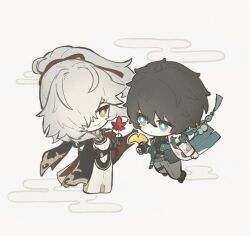 2boys :3 aqua_coat aqua_eyes beads black_footwear black_gloves black_hair black_shirt brown_eyes closed_mouth coat dan_heng_(honkai:_star_rail) dot_mouth fingerless_gloves floating from_side gloves grey_hair grey_pants hair_over_one_eye hair_ribbon highres holding holding_leaf honkai:_star_rail honkai_(series) jing_yuan leaf leg_up long_hair long_sleeves looking_at_another male_focus mole mole_under_eye multicolored_coat multiple_boys no_neck no_nose nunnu_23 pants ponytail red_pants red_ribbon ribbon seigaiha shirt simple_background single_glove smile two-tone_coat white_background white_coat