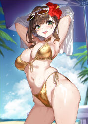 Rule 34 | 1girl, arm behind head, armpits, beach, beach umbrella, bikini, blue sky, brown hair, cloud, contrapposto, cowboy shot, day, eyewear on head, flower, front-tie bikini top, front-tie top, gold bikini, green eyes, hair flower, hair ornament, hibiscus, highres, long hair, ocean, original, outdoors, palm tree, senri gan, side-tie bikini bottom, sidelocks, sky, solo, sunglasses, swimsuit, tree, umbrella