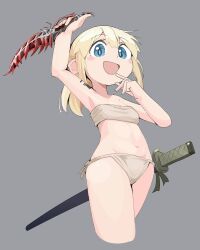 1girl absurdres bandeau blonde_hair blue_eyes commentary_request dagger elden_ring highres holding holding_dagger holding_knife holding_weapon katana knife loli looking_at_viewer mega_man_(series) navel open_mouth panties roll_(mega_man) sheath sheathed side-tie_panties slyger_ex solo stomach sword underwear weapon