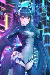 1girl absurdres blue_hair blush bodysuit breasts covered_navel cyberpunk dragon_girl gloves hair_ornament hand_on_own_hip highres horns indie_virtual_youtuber long_hair looking_at_viewer medium_breasts multicolored_bodysuit multicolored_hair red_eyes red_hair smile solo streaked_hair thighhighs thighs twintails virtual_youtuber wajuniorbox wakana_kohaku
