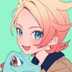 Rule 34 | 1boy, :d, blonde hair, blue eyes, brown jacket, commentary, ebi (shrimp eleven), from side, gen 2 pokemon, green background, jacket, looking to the side, male focus, nintendo, open mouth, pokemon, pokemon (creature), pokemon legends: z-a, short hair, simple background, smile, teeth, totodile, upper body, upper teeth only, urbain (pokemon)