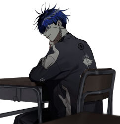 1boy animal_print black_hair black_haori blue_hair chair choker desk earrings eye_print eyepatch face_piercing from_behind haori japanese_clothes jewelry male_focus mini_(mini_ma_list) multicolored_hair omokage_yugamu on_chair piercing school_desk simple_background single_earring sitting smile solo spider_print the_hundred_line_-last_defense_academy-