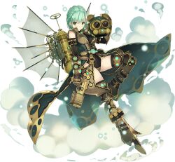 1girl artist_request bad_source blush breasts cape full_body game_cg gears green_eyes green_hair helmet holding holding_helmet holding_weapon krehl_(sennen_sensou_aigis) official_art oxygen_tank sennen_sensou_aigis short_hair solo steampunk thighs third-party_source transparent_background weapon