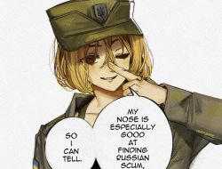 1girl blonde_hair brown_eyes english_text fang field_cap green_hat green_jacket hat jacket marichka military military_uniform nazi one_eye_closed original paper_texture pointing pointing_at_self polearm profanity racism russo-ukrainian_war shaded_face short_hair signature skin_fang smile solo speech_bubble trident tryzub ukrainian_flag usergore weapon white_background