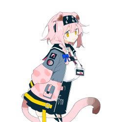 1girl absurdres animal_ears arknights arms_behind_back black_hairband bow closed_mouth cowboy_shot dot_nose garter_straps goldenglow_(arknights) grey_jacket hair_between_eyes hair_bow hairband highres jacket long_sleeves looking_at_viewer medium_hair myticalcat pink_hair pink_jacket pink_tail purple_bow solo standing tail thighhighs white_thighhighs yellow_eyes