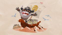 Rule 34 | boat, claws, commentary, cross-eyed, earrings, evolutionary line, flying, galarian form, galarian meowth, gen 3 pokemon, gen 8 pokemon, holding, holding oar, horns, jewelry, louie zong, nintendo, no humans, oar, open mouth, perrserker, pokemon, pokemon (creature), pokemon focus, rowing, sailboat, sharp teeth, ship, smile, standing, teeth, water, watercraft, wingull