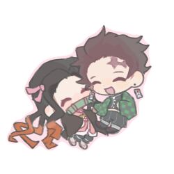 Rule 34 | 1boy, 1girl, ^ ^, absurdly long hair, baggy pants, bamboo, bandaged leg, bandages, black hair, black jacket, black pants, black sandals, black shirt, brother and sister, brown hair, buttons, checkered clothes, checkered jacket, checkered sash, chibi, closed eyes, collared shirt, dot nose, earrings, forehead, gradient hair, green jacket, grey socks, hair ribbon, hanafuda earrings, haori, happy, hashtag-only commentary, high collar, highres, jacket, japanese clothes, jewelry, kamado nezuko, kamado tanjirou, kimetsu no yaiba, kimono, light blush, long hair, long sleeves, messy hair, midriff, mouth guard, multicolored hair, multicolored jacket, obi, open mouth, outline, pants, pink kimono, pink outline, pink ribbon, qianwa shi biao, red sash, ribbon, sandals, sash, scar, scar on face, scar on forehead, shirt, short hair, siblings, simple background, smile, socks, striped clothes, striped pants, two-tone hair, two-tone jacket, two-tone sash, vertical-striped clothes, vertical-striped pants, very long hair, white background, white sash, white socks, wide sleeves