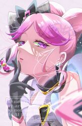 1girl artist_logo black_gloves black_hair braid choker cure_kiss curly_hair curly_sidelocks dress earrings floating_hair fortissimo frilled_ribbon frills glance gloves gradient_hair hair_ornament hair_ribbon hair_tie half_gloves hands_on_own_chin hands_on_own_face highres jewelry kimi_to_idol_precure logo long_hair looking_at_viewer looking_down mature_female multicolored_hair multiple_earrings musical_note musical_note_hair_ornament parted_bangs pearl_earrings pink_hair pointing pointing_up precure purple_eyes ribbon sideways solo solo_focus twin_braids twintails very_long_hair watermark yumomonono zooming_in