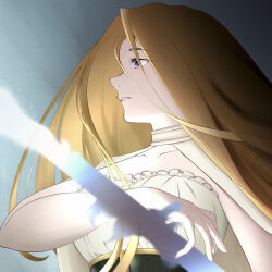 Rule 34 | 1girl, cloak, collarbone, commentary request, expressionless, frilled shirt, frills, from side, hand up, long hair, looking ahead, mage staff, methode (sousou no frieren), n t (user ezmk2485), orange hair, parted lips, purple eyes, shirt, solo, sousou no frieren, straight hair, strapless, strapless shirt, upper body, white cloak, white shirt