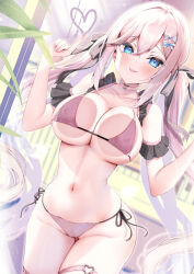 1girl ayuma_sayu bare_shoulders bikini black_ribbon blue_eyes blush bow breast_press breasts choker closed_mouth fingernails glass_writing hair_between_eyes hair_bow hair_ribbon heart heart_o-ring highres large_breasts long_hair looking_at_viewer nail_polish navel o-ring o-ring_choker o-ring_thigh_strap original pink_bikini pink_choker pink_hair pink_nails plant ribbon smile solo stomach swimsuit thigh_strap thighs tongue tongue_out twintails